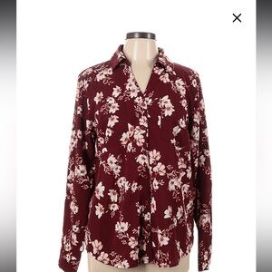 Maurices Burgundy Floral ~Button-Down Shirt ~Collared V-Neck ~long sleeve Size L
